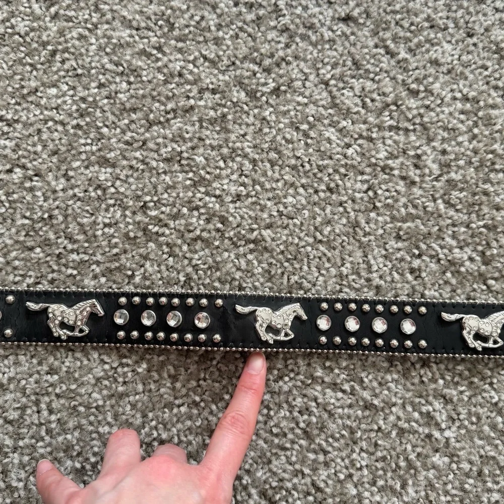 Nocona Leather Belt 26 Black Studded Rhinestone Sliver Bling Cowgirl Y2K Boho‎